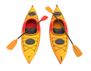 Two kayaks with paddles for recreation. Isolated, advertising. Black background