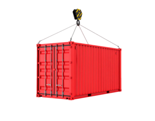 Red container lifted by hook. Isolated. Black background. Conceptual industrial illustration