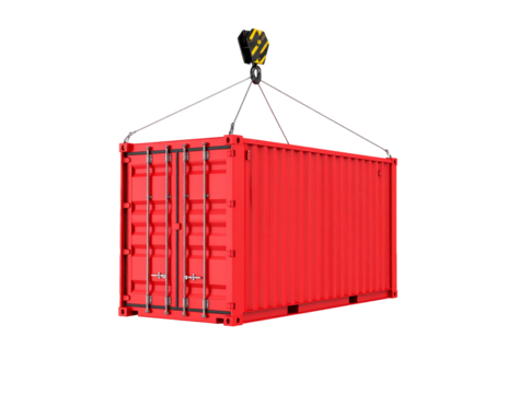 Red container lifted by hook. Isolated. Black background. Conceptual industrial illustration