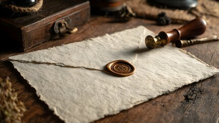 Aged parchment envelope with wax seal and stamp.