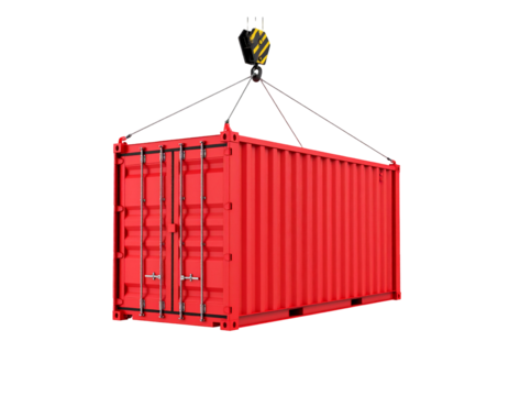 Cargo container being lifted by a crane for shipping; isolated, suitable for packaging mockups