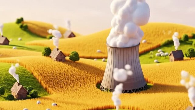 3D miniature-style illustration depicting a cooling tower of a power plant in the middle of a golden wheat field, surrounded by wooden houses, grazing sheep, and small trees, with thick white steam bi