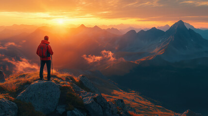 a scenic mountain view during sunrise with a hiker standing and enjoying the view