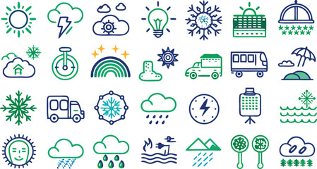 Assorted Weather and Transportation Icons in Green and Blue Hand Drawn Style snowflake cloud