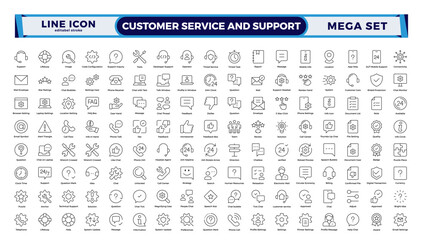 Customer service and support outline icon collection in thin-line modern style, including feedback, technical help, assistance, information, and communication. Editable stroke outline icon.