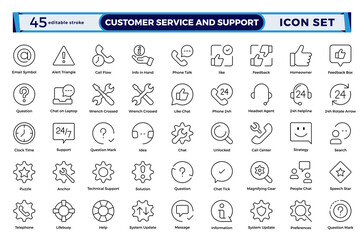 Customer service and support outline icon collection in thin-line modern style, including feedback, technical help, assistance, information, and communication. Editable stroke outline icon.
