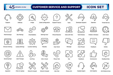 Customer service and support outline icon collection in thin-line modern style, including feedback, technical help, assistance, information, and communication. Editable stroke outline icon.