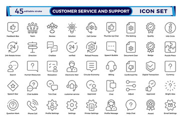 Customer service and support outline icon collection in thin-line modern style, including feedback, technical help, assistance, information, and communication. Editable stroke outline icon.