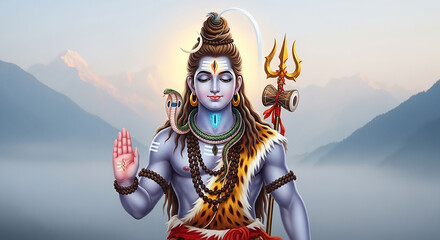 Lord Shiva giving blessings with a glowing throat chakra in the Himalayas
