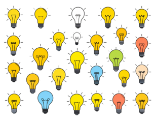 Collection of colorful light bulbs with unique filaments on a dark background