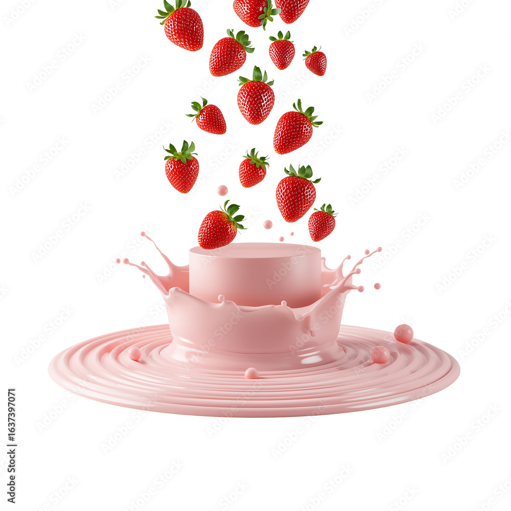 Poster strawberries cascading into a pink creamy splash creating dynamic ripple effects isolated