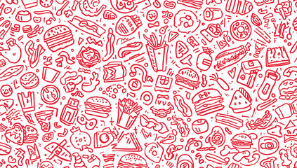 Vibrant pattern of hand-drawn stylized fast food icons in eye catching red color over a solid