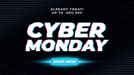 Cyber monday promotional banner with glitch effect on black background
