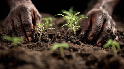 Obraz premium First-Person View of Hands Planting Seedlings in Rich Garden Soil