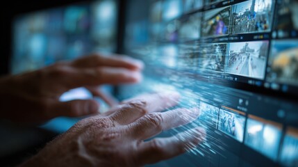 Fototapeta premium First-Person View of Hands Analyzing Security Footage on Digital Interface