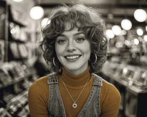 Black white vintage portrait woman curly hair retro style diner