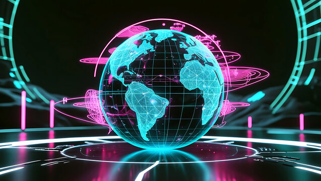Futuristic Digital Globe with Neon Lights and Abstract Shapes - Powered by Adobe