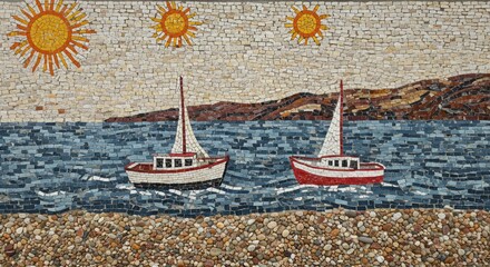 Coastal mosaic artwork Sailboats at sea, pebble beach background, sunny sky