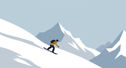 Snowboarder gliding down snowy mountain slope against mountainous background