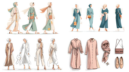 Elegant modest fashion illustration set featuring long dresses, coats, hijabs, handbags, and shoes in stylish hand-drawn style. Perfect for clothing design and fashion branding.

