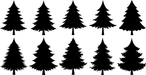 Christmas tree silhouette clipart set. Black Christmas tree drawing clip art collection in white background for xmas season pine tree flat icon decoration vector illustration.