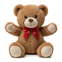 Cute Brown Teddy Bear with a Red Bow Tie on a White Background