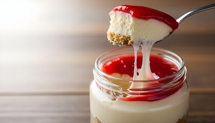 A shot of a dessert spoon lifting a portion of strawberry cheesecake jar, cream layers strecthing