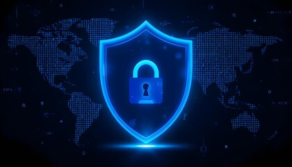 A blue glowing shield with a padlock in the center over a dark world map background illustration