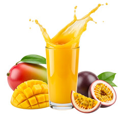 Refreshing mango and passion fruit juice splash with fresh fruits isolated on transparent background