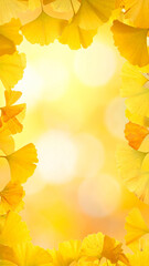 秋の黄色い葉のフレームとゴールドぼかし背景