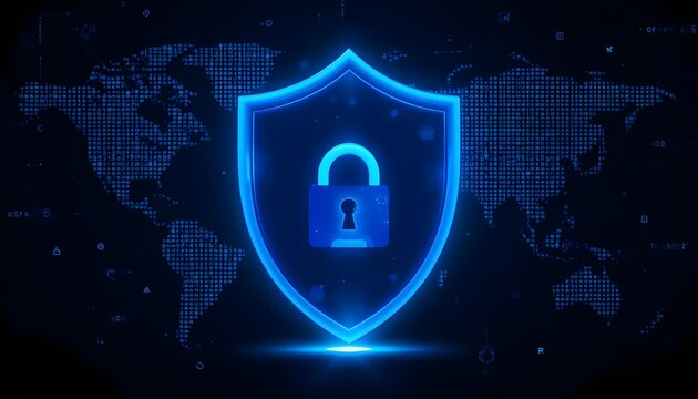 A blue glowing shield with a padlock in the center over a dark world map background illustration