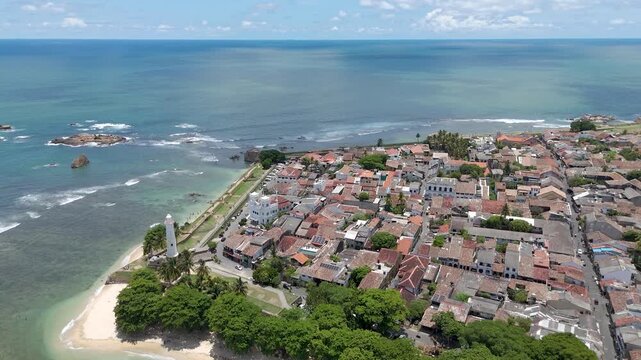 4K drone footage showcasing Galle Fort and the beautiful Sri Lankan coastline showcasing the historic streets, the iconic lighthouse, and sweeping ocean views from above.