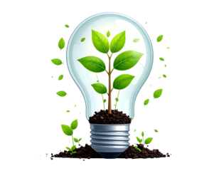 Plant growing inside light bulb, on black background, representing eco-friendly, sustainable energy concept