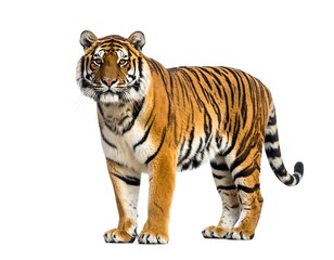 Fototapeta premium Majestic tiger standing, facing forward, on a white background