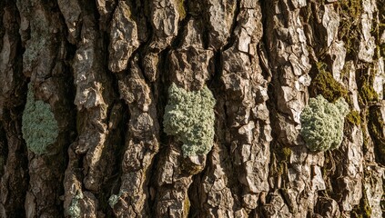 Fototapeta premium Textured Oak Bark with Moss: A close-up view reveals the intricate texture of mature oak bark, speckled with vibrant patches of green moss.
