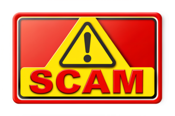 Red and Yellow Scam Warning Sign: 3D Rendered Caution Alert Graphic on transparent background 