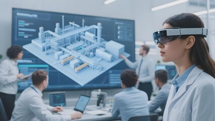 Engineer using augmented reality glasses to analyze a 3D industrial facility model in a high-tech lab