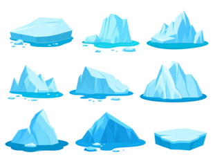 Cartoon icebergs floating on water; no background; perfect for climate change concepts