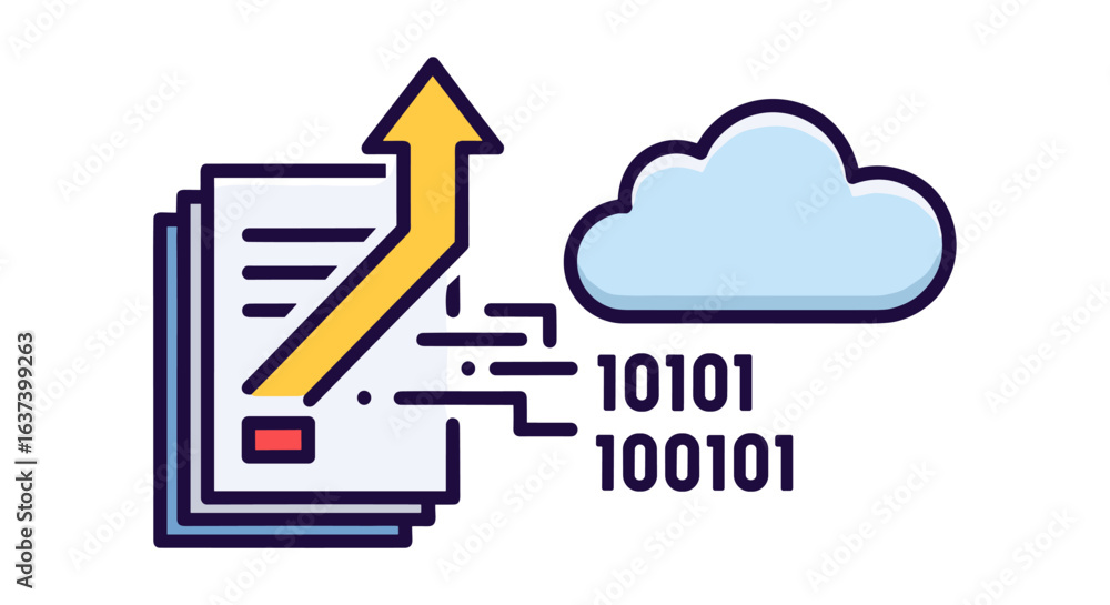 Poster digital transformation concept showing documents converting to data in the cloud with an arrow repre