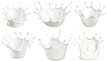 Six milk splashes, in various shapes, against a transparent backdrop, for culinary or advertising use