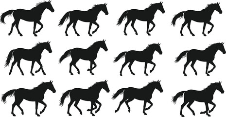 Horse running silhouette vector set, galloping animal poses, black stallion illustration sequence, equine motion graphics, wild horse artwork, digital design collection