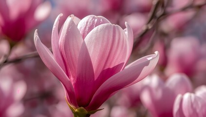 Obraz premium Magnolia Bloom: A close-up captures the delicate beauty of a pink magnolia flower in full bloom, set against a soft-focus background of other blossoms.