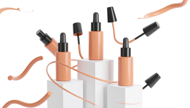 Cosmetic foundation bottles levitating above pedestals, with streaks against a transparent background, for beauty promotion