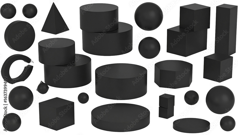 Poster black 3d geometric shapes floating in a dark space for abstract art and design