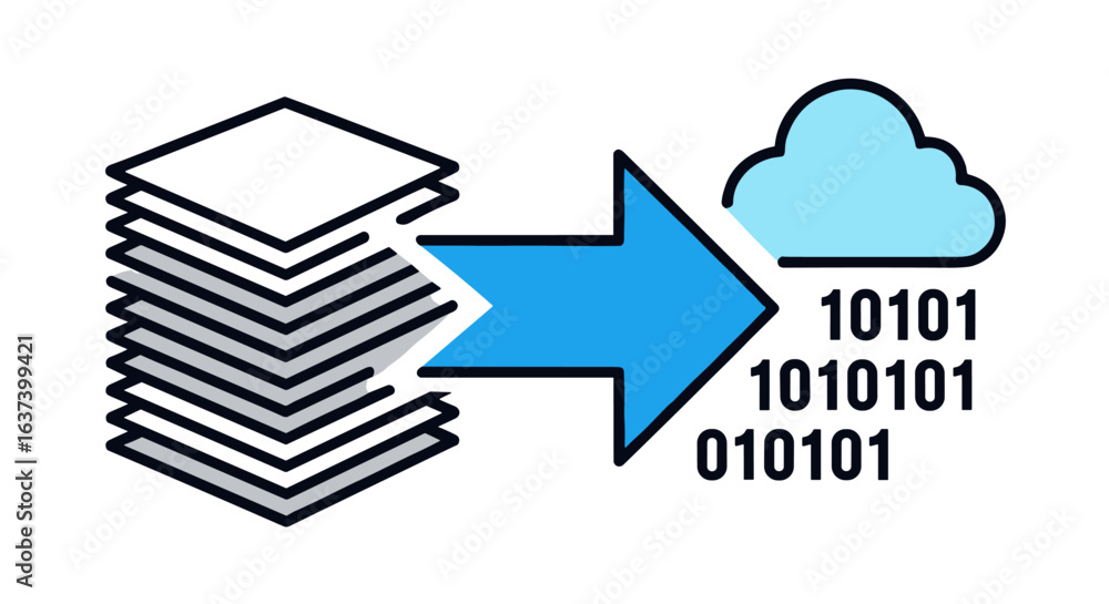 Poster digital data streams from stacked documents are transferred to a cloud service, illustrating informa