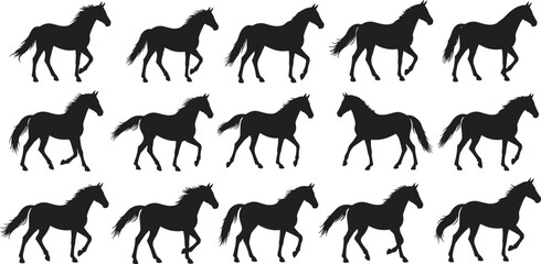 Horse walking silhouette vector sequence, equine motion illustration, black stallion art set, wild horse gait poses, animal step cycle graphic design
