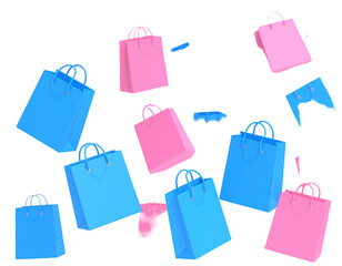 Floating shopping bags in pink and blue on black, suggesting sales, deals, or fashion promotions