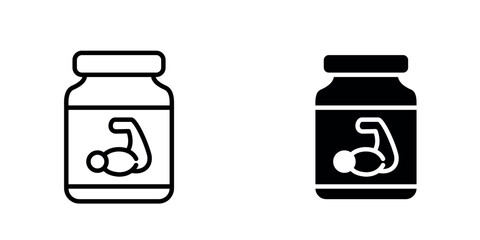 A minimalist icon of a supplement jar with a muscular arm on the label, shown in both line art and solid silhouette styles