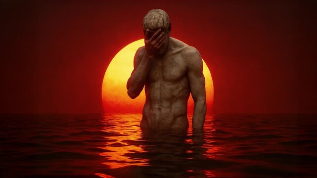 Dramatic Male Figure Statue in Ocean Against Red Sunset Abstract visualizer