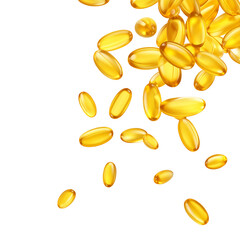 Fototapeta premium Vitamin capsules falling on black backdrop, illustrating supplements for health, nutrition, and healthcare